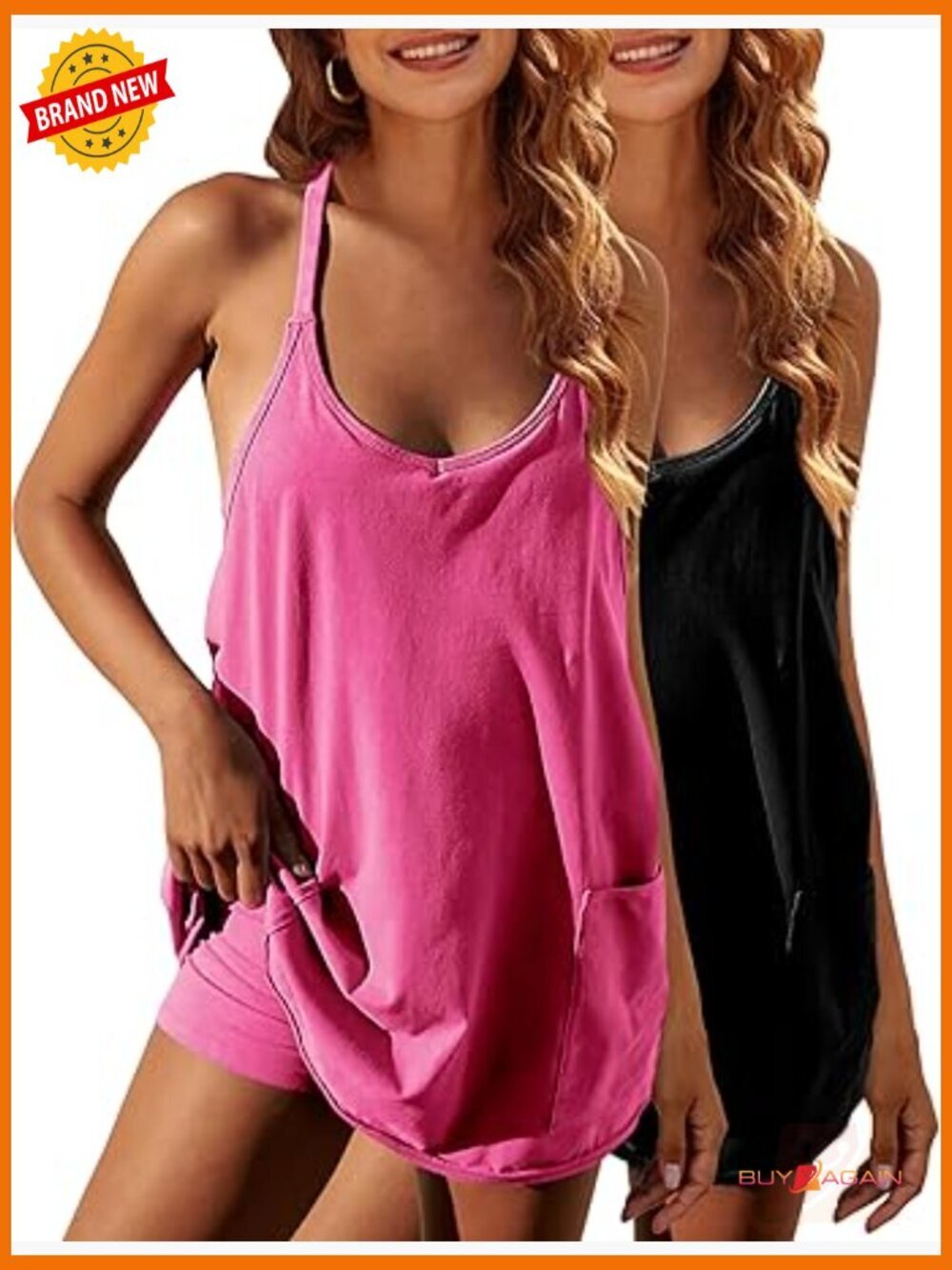 2 Pack Athletic Mini Dresses with Built-in Shorts Sleeveless V Neck Summer